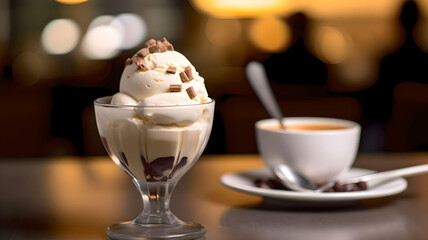 Closeup shot of ice cream dessert with fruits and whipped cream, Generative AI