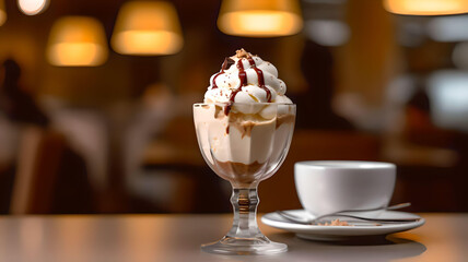 Closeup shot of ice cream dessert with fruits and whipped cream, Generative AI