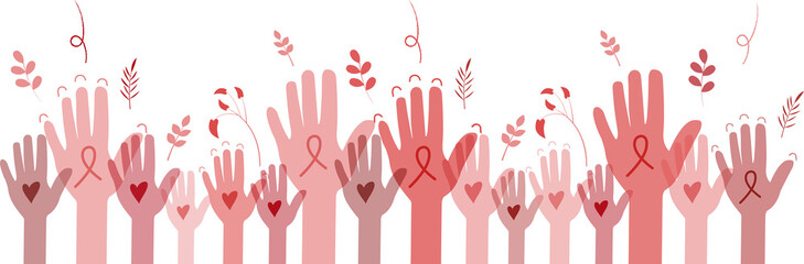 Raised hands with ribbons.