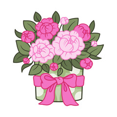 Flat vector illustration of pink peonies, gift bouquet for valentine's day. Beautiful flower card.
