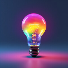 A bright light bulb floating on a coloured background. Incandescent and glowing light bulb. 