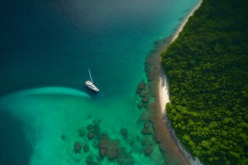 Fototapeta na wymiar Aerial view of a big sailboat on the tropical sea near the island