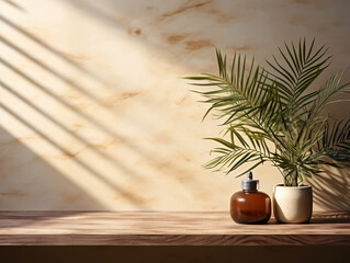 Softly light Lit Blank Wooden Counter Table, with Leaf Shadows Dancing on a Beige Textured Wallpaper Wall Luxurious Beauty Haven generative ai