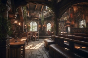 Fototapeta na wymiar Medieval fantasy castle tavern interior. Generative AI