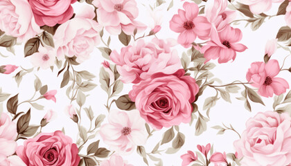 Seamless pattern of beautiful vintage roses flowers and leaves illustration background. Generative AI