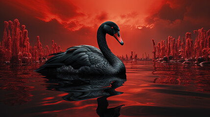 A Black Swan in The Lake Waater Close Up Portrait Red Theme AI Generative