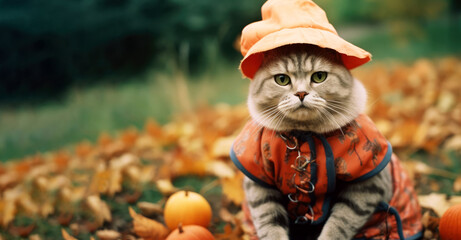 Cat in halloween costume and pumpkins outdoors - obrazy, fototapety, plakaty