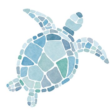 watercolor drawing of a turtle in blue tones on a white background
