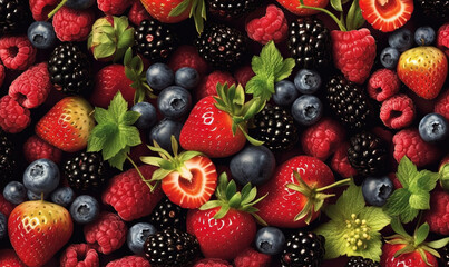 Obraz premium a bunch of berries and raspberries with leaves on them. generative ai