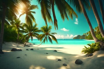 Fototapeta na wymiar Beautiful tropical beach at exotic island with palm trees