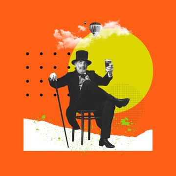 Contemporary art collage. Senior gentleman, noble person sitting and raising glass of beer against bright background. Oktoberfest. Concept of creativity, comparison of eras, fashion, imagination, ad