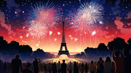 Feux d'artifice de la fête nationale française du 14 juillet à Paris devant la tour Eiffel