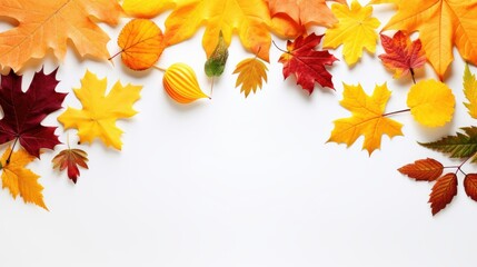 Naklejka na ściany i meble Autumn Leaves with Copy Space on White Background., Happy Autumn Concept. Generative Ai
