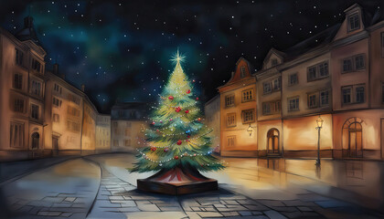 Beautiful lit up christmas tree in a small village with copy space 