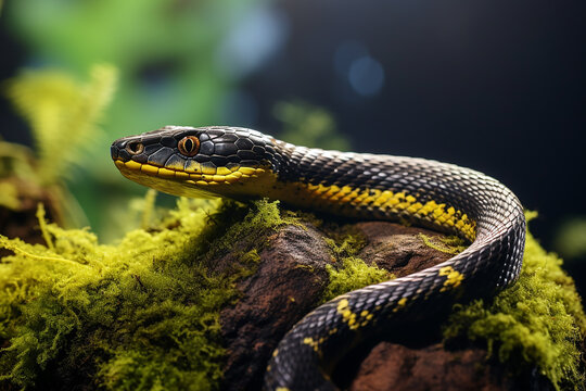 Black Mamba Snake Looks Dangerous on a Mossy Rock with Nature View in Bright Day