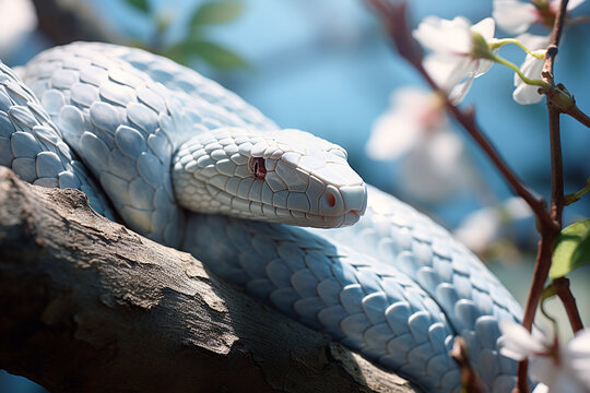 Dangerous Bluish White Snake on Tree Branch in Forest Jungle on Bright Day