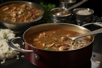 Pot of gumbo. Authentic New Orleans Gumbo is made with a dark roux, chicken, vegetables, sausage, and shrimp, and served over rice. Generative AI