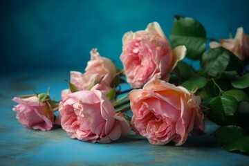 Pink roses blue background life. Generate Ai
