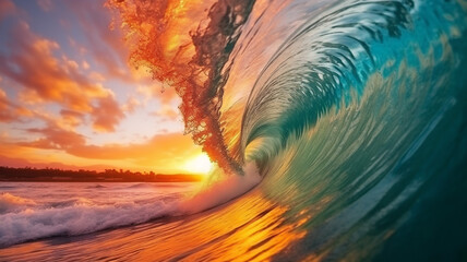 Colorful vibrant Sunset Sea water ocean wave in barrel shape for surfing 
