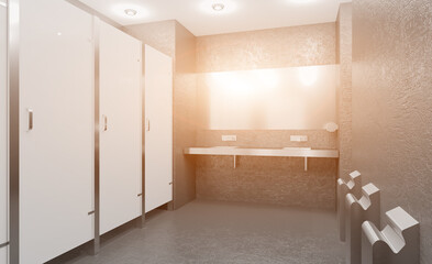 Fototapeta na wymiar Hotel bathroom peeing toilet. 3D rendering.. Sunset.