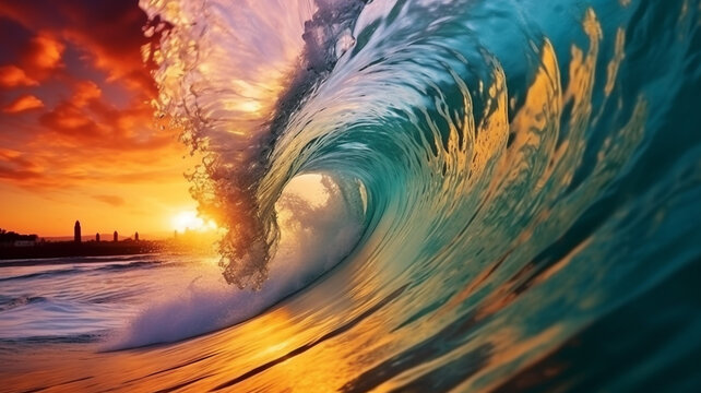 Colorful vibrant Sunset Sea water ocean wave in barrel shape for surfing 