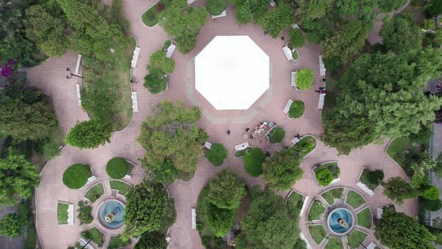 Drone footage with a cenital view moving over Rafael Paez garden in Jerez, Zacatecas, capturing the depth and height of the trees