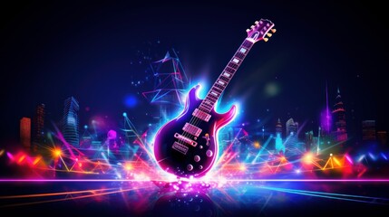 Obraz premium Guitar Neon Light Effect For Music Festival Background, Musical instruments. Generative Ai