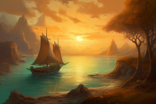 Sailboat desert sunset. Generate Ai