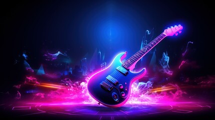 Obraz premium Guitar Neon Light Effect For Music Festival Background, Musical instruments. Generative Ai