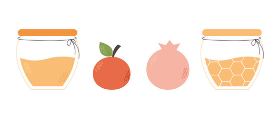 Jewish new year, rosh hashanah. Flyer banner with traditional icons. Holiday concept. Happy New Year, Shana Tova in Hebrew. Apple, honey and pomegranate.  Vector illustration.