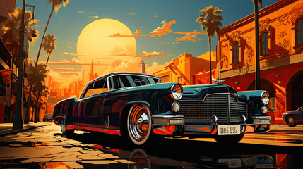 cartoon style art lowered american classic car show flyer cityscape poster art, ai generative