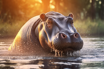 Hippopotamus in nature, national geography, Wide life animals. AI Generated.