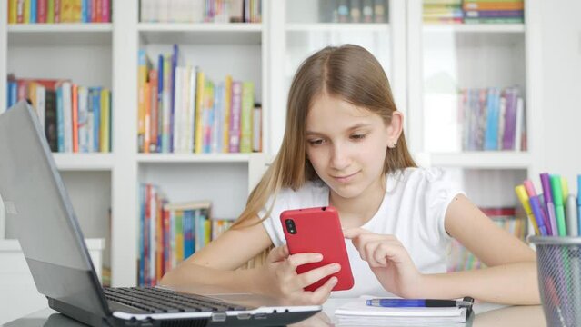 Girl Playing Smartphone, Kid Browsing Internet on Phone, Teenager Child Reading Messages, Searching Online Shopping Smart Devices
