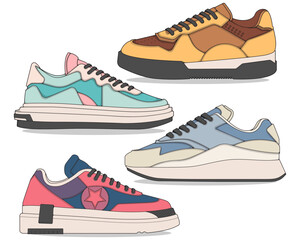 Set of shoes sneaker drawing vector, Sneakers drawn in a sketch style, bundling sneakers trainers template, vector Illustration.