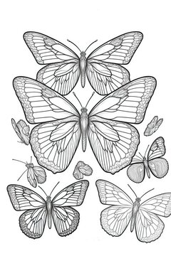 Coloring page with butterflies and flowers. Drawing butterflies and flowers. Fowering meadow, black and white coloring page  