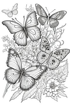 Coloring page with butterflies and flowers. Drawing butterflies and flowers. Fowering meadow, black and white coloring page, Generative AI