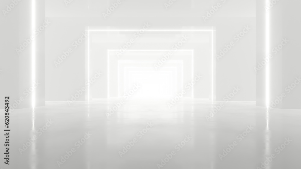 Aufkleber 3d rendering of white abstract sci-fi tunnel, futuristic spaceship corridor.