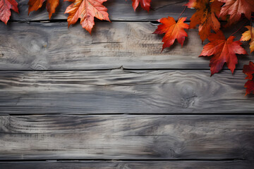 Fall scene background of red and orange maple leaves lying on a wooden surface. AI Genetated