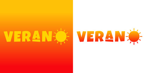 Fototapeta na wymiar Logo vacaciones de verano. Letras de la palabra Verano en español con letras estilo hawaiano con silueta de sol en lugar de letra O
