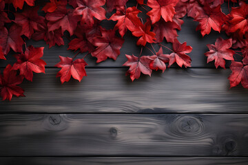 Fall scene background of red and orange maple leaves lying on a wooden surface. AI Genetated