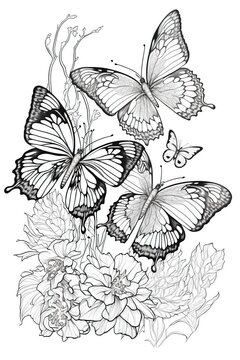 Coloring page with butterflies and flowers. Drawing butterflies and flowers. Fowering meadow, black and white coloring page, Generative AI