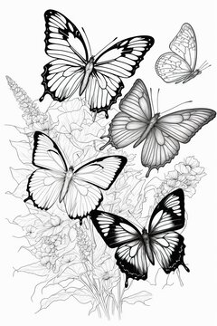 Coloring page with butterflies and flowers. Drawing butterflies and flowers. Fowering meadow, black and white coloring page 