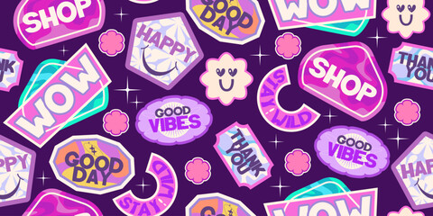 Y2k seamless sticker pattern rertro design. Sticker flower cool design. Trendy y2k positive pattern. Collage purple and pink label on background. Vector illustration