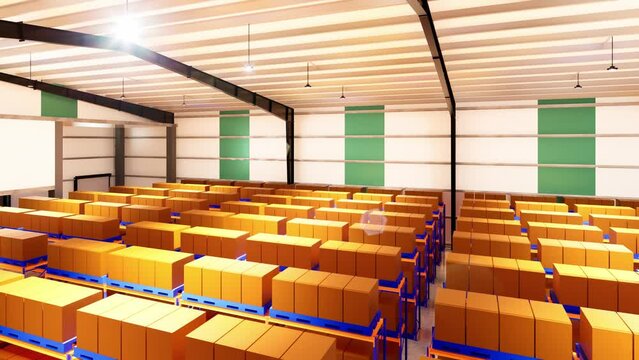 Warehouse with racks,Box logistic 4K 3D animation	