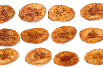 Banana chips on white background