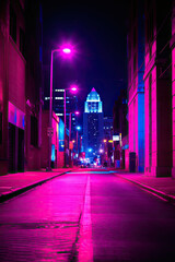 Night city street scene. Inspired by Minneapolis, Minnesota, USA. Travel, Poster.
