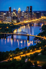 Fototapeta na wymiar View of the city at night. Inspired by Minneapolis, Minnesota, USA. Travel, Poster.