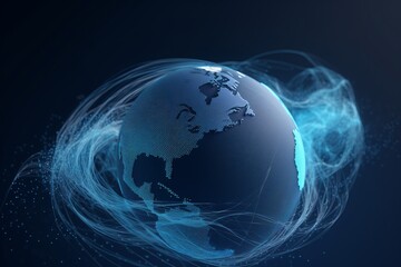 Fototapeta premium blue planet earth with space, Connected World: Majestic Network Paths Unite in Sky-Blue and Blue, Illuminating Human Connections in a Global Study Place