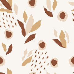 Modern minimalistic vector design. Hand drawn organic natural shapes. Seamless abstract botanical pattern. A trendy collage of leaves and dynamic dots.Earthy shades.
