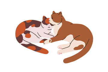Cute cats couple. Funny feline animals friends lying together. Two adorable sweet kitties. Love and care concept. Kittens relaxing, sleeping. Flat vector illustration isolated on white background
